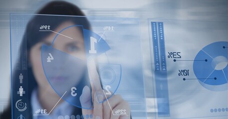 Composition of caucasian woman using a technological device with data and statistics
