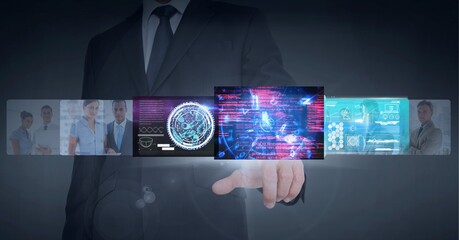 Composition of data processing over caucasian man handin background