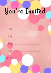 You're invited written in black with colourful circles, invite with details space on pink background