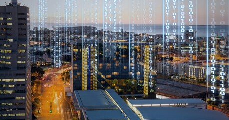 Composition of digital interface over a cityscape in background