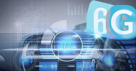 Obraz premium Composition of the word 6g over a car with driving measures in background