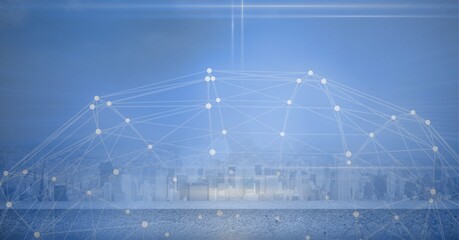 Composition of net of connections over a cityscape in background