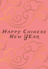 Happy chinese new year written in white on pink background with gold cloud design