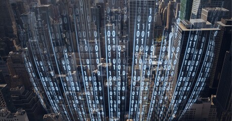 Composition of digital interface over a cityscape in background