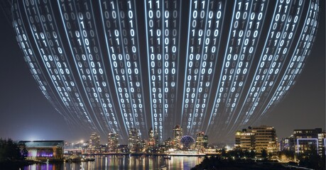 Composition of digital interface over a cityscape in background