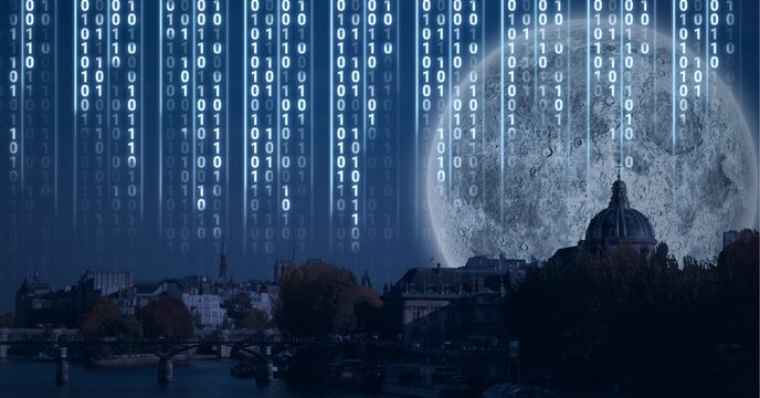 Composition of digital interface over a cityscape with a full moon in background