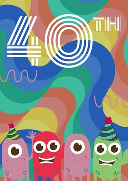 40th written in white lines, with monsters in party hats on invite with swirly colourful background