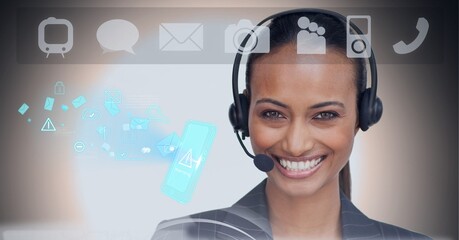 Composition of data processing over caucasian woman looking at camera and smiling in background