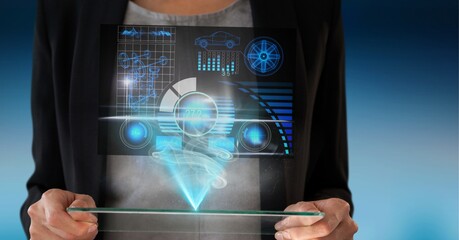 Composition of caucasian woman holding a technological device with statistics and data