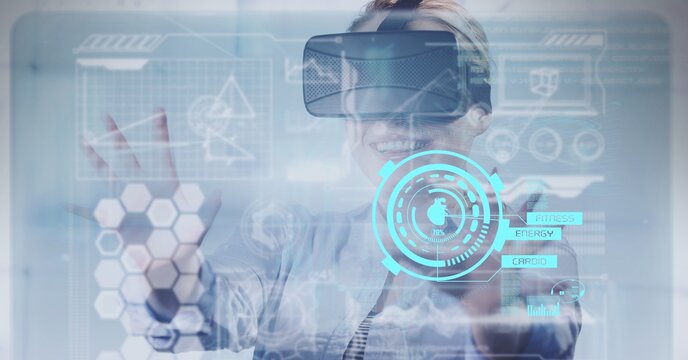 Composition of data processing over caucasian woman using a vr headset in background - Powered by Adobe