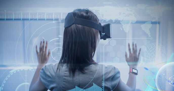 Composition of data processing over caucasian woman using vr headset in background - Powered by Adobe