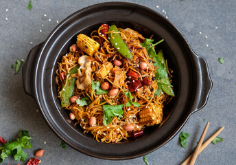 Delicious and spicy homemade meal / Stir Fried Sichuan Mala Noodle with Pork / Pork slices, assortments of dried peppercorn, chili pepper to give the exclusive flavors and tongue numbing spiciness