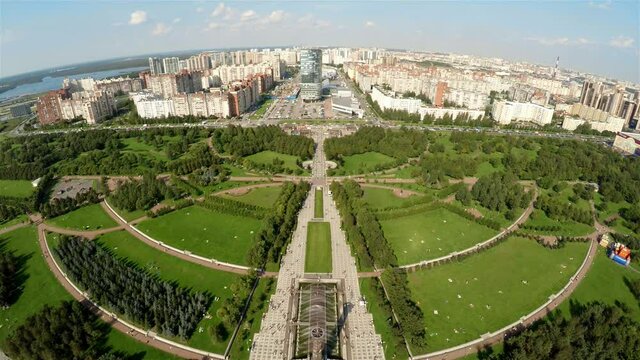 Aerial view. Park of the 300th anniversary of St. Petersburg. 4K.