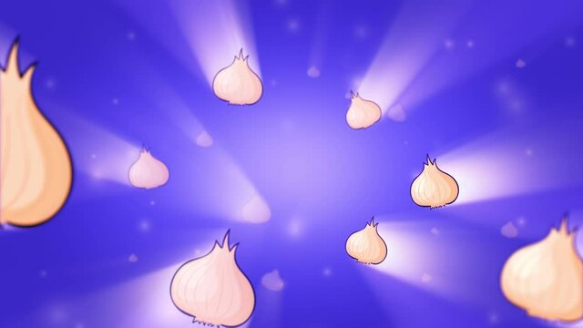 Fresh onion slowly moving from bright glow on the blue background. 3D loop animation.