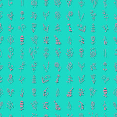 A pattern of silhouettes of small different flowers on light blue background. vector illustration
