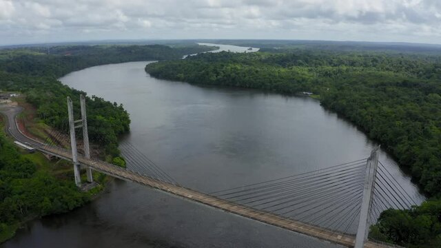 DRONE DJI MAVIC 2 PRO BINATIONAL BRIDGE IN AMAPA RIVER OIAPOQUE AMAZON GUIANA FRENSH AND BRAZIL