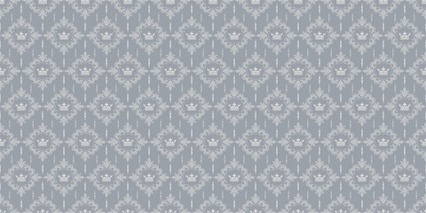 Background pattern with ornament in the royal style on a silver background. Seamless wallpaper texture for your design