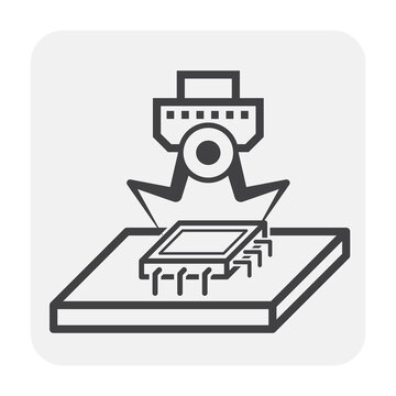 Computer production industry, equipment and technology vector icon. Consist of robot and chip, microchip or cpu. To placed on pcb board or motherboard. To repair, upgrade, assembly or manufacturing.