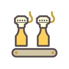 Beverage industry vector icon. That business process automation consist of row bottle on conveyor belt in production line and filling water or liquid in packaging to manufacture produce drink product.