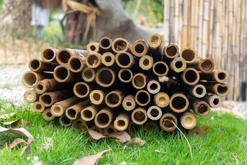 end view of cut and dried bamboo tied into a bundle