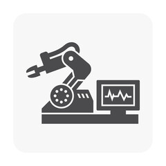 Industrial robot and computer control vector icon. Include mechanical robotic arm and hand of engineer or technician. That automation technology for industry for manufacturing and production process.