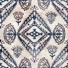 Seamless grungy tribal ethnic rug motif pattern. High quality illustration. Distressed old looking native style design in shades of gray and cream. Old artisan textile seamless pattern.