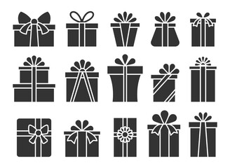Gift box flat icon set. Happy birthday, Merry Christmas, New Year present package symbol. Simple silhouette giftbox ribbon bow pictogram pack. Holiday celebration Valentine day surprise parcel sign