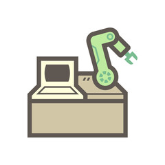 Industrial robot and computer control vector icon. Include mechanical robotic arm and hand of engineer or technician. That automation technology for industry for manufacturing and production process.