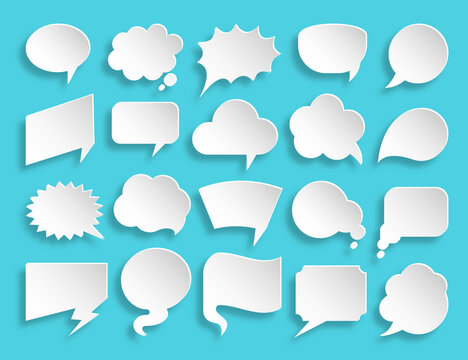 Speech bubble comic icon set. White paper cut message symbol. Cartoon blank speak idea think cloud sign. Different shape empty talk label. Dialog text frame. Chat abstract banner. Discussion balloon