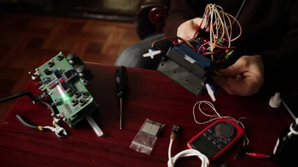 DIY, the machine on electronic control. Home experiments, robotics, smart engineer. Toy for the child. A man collects repairs to an electronic device. Wires, motherboard, batteries closeup