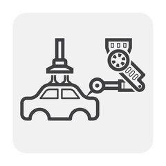 Automotive manufacturing, assembly or production industry vector icon. With car, auto part, mechanical robotic arm, industrial robot system. Machine control by automation technology to spot welding.