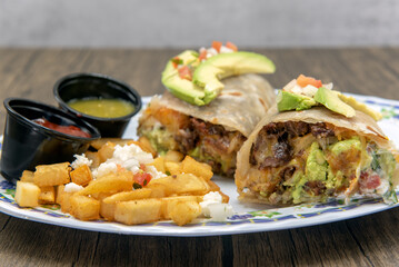 Avacado slices top both halves of the flavorful Mexican breakfast burrito served with cubed potatoes and dipping sauce.