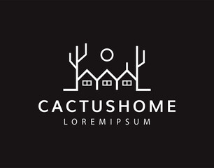 Fototapeta premium Cactus Home Logo Design Template. Western Decoration Icon Line Art Vector