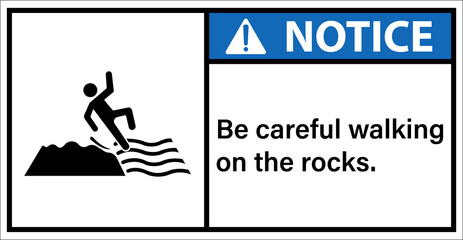 Please be careful walking on rocks.,Notice sign