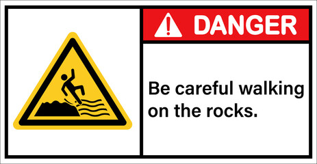 Please be careful walking on rocks.,Danger sign