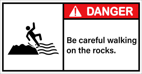 Please be careful walking on rocks.,Danger sign