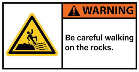 Please be careful walking on rocks.,Warning sign