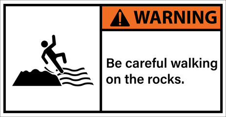 Please be careful walking on rocks.,Warning sign