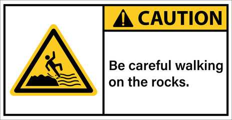 Please be careful walking on rocks.,Caution sign
