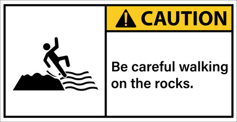 Please be careful walking on rocks.,Caution sign