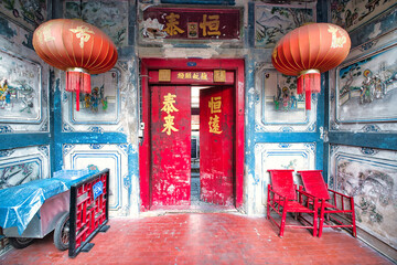Chinese temple entrance with new year lanterns 