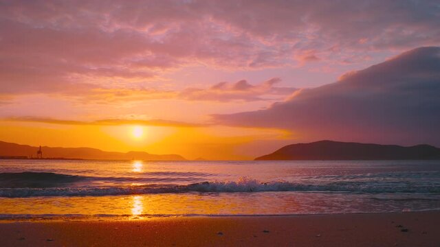 Beautiful and Dramatic Landscape of Sea or Ocean in Evening at Sunset, Seto Inland Sea in Kagawa Prefecture in Japan, Natural or Tropical Image, Nobody