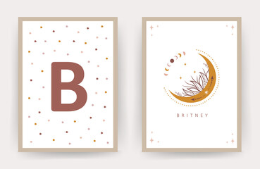 Boho moon. Posters with kid name. Scandinavian design for children room wall decor. Cute pastel vector illustration in cartoon style.