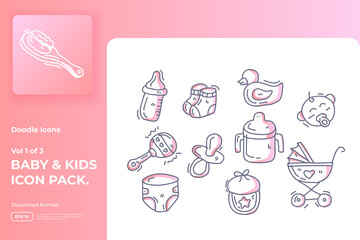 Set of hand drawn doodle cute baby and kids care gradient color line icons for newborn with toys, food, accessories sign symbol vector illustration