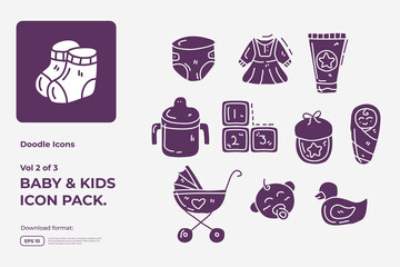 Set of hand drawn doodle cute baby and kids care silhouette glyph solid icons for newborn with toys, food, accessories sign symbol vector illustration