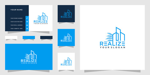 Building logo with palm design and business card template