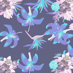 Fototapeta na wymiar Blue Pattern Plant. Purple Tropical Background. Indigo Floral Vintage. Cobalt Flora Art. Coral Decoration Palm. Navy Wallpaper Painting. Violet Spring Art.
