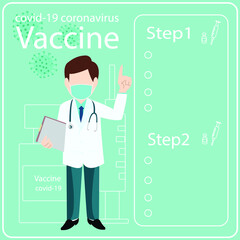 Doctors recommend procedures for coronavirus vaccination. Contains medical tools, vaccine vials and syringes showing status icons.
 vector graphic info Vaccine STEP
