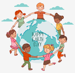 Happy kids holding hands and dancing around the world. Cute boys and girls having fun. Protect and save Earth Planet vector concept
