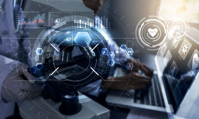 Doctor using digital tablet working teamwork with colleague research lab modern technology diagnosing analyzing patient medical healthcare diagnosis, professional in hospital office, graphical icon